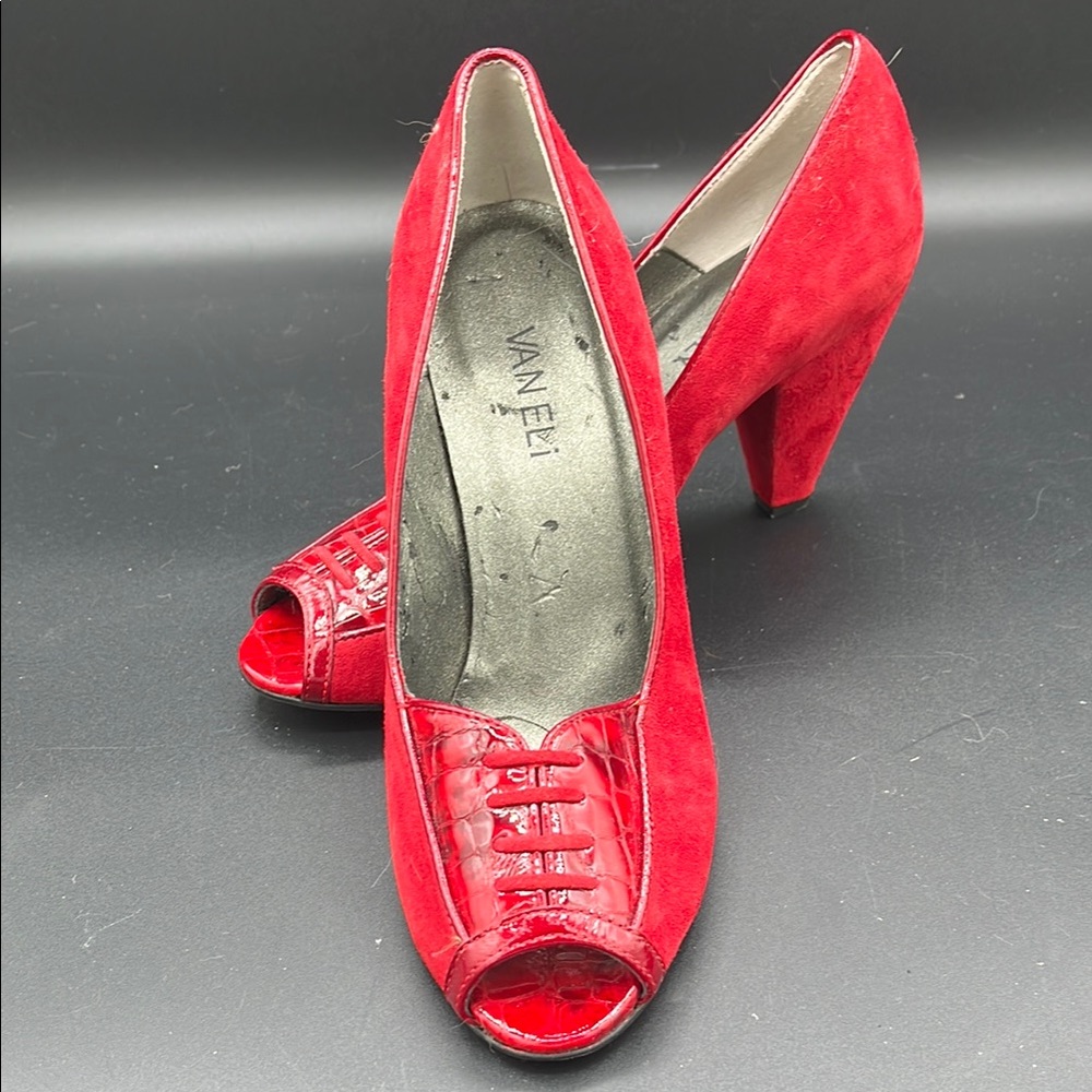 Vaneli Red Suede Peep Toe Heels